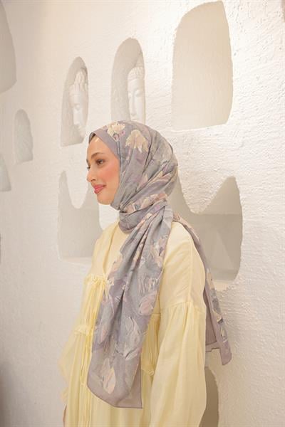 Lilyum Desenli Pamuk Şal Pastel Gri