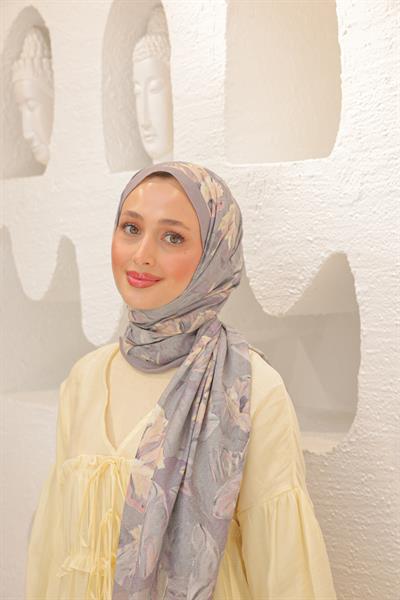 Lilyum Desenli Pamuk Şal Pastel Gri