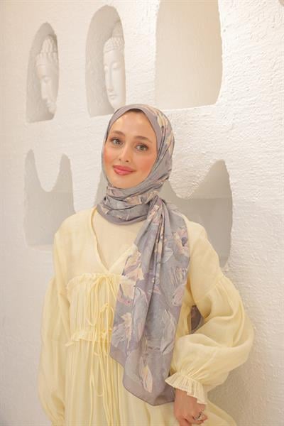 Lilyum Desenli Pamuk Şal Pastel Gri