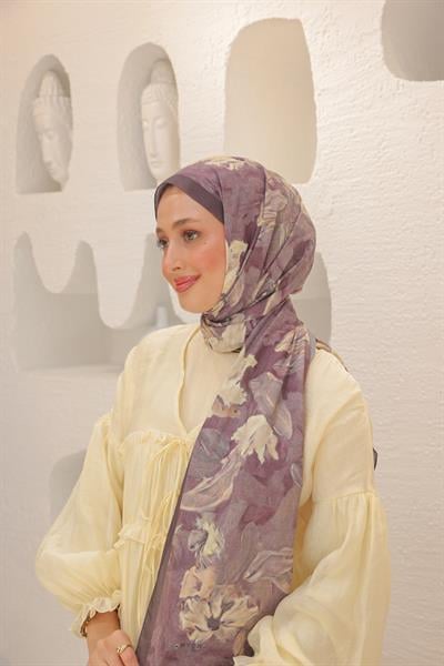 Lilyum Desenli Pamuk Şal Soft Patlıcan 