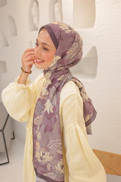 Lilyum Desenli Pamuk Şal Soft Patlıcan 