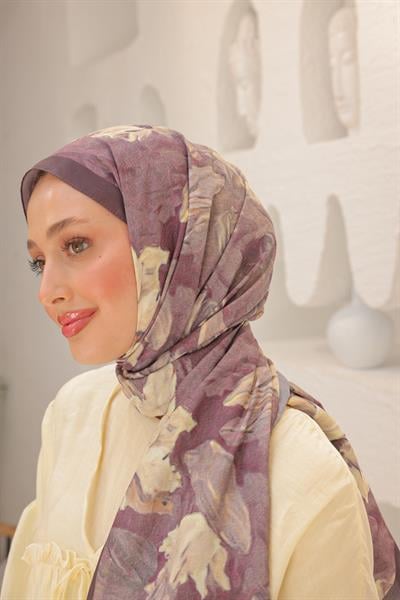 Lilyum Desenli Pamuk Şal Soft Patlıcan 
