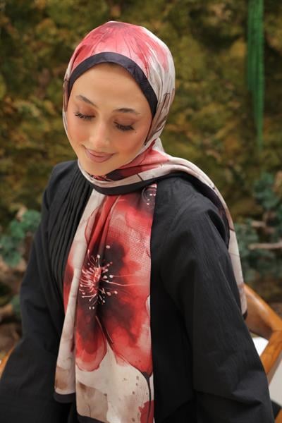 Liva Desenli Pamuk Şal Kızıl Siyah