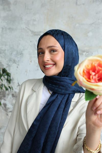 Midye Desen Jakar Şal Lacivert