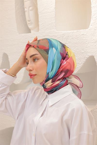Rose Desen Modal Eşarp Kızıl Mavi