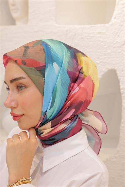 Rose Desen Modal Eşarp Kızıl Mavi
