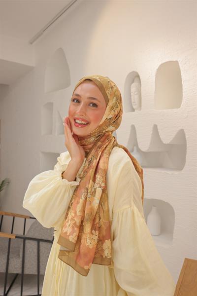 Tulip Desenli Pamuk Şal Safran