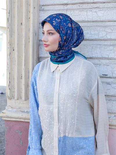 Vintage Desen Eşarp Lacivert Mavi