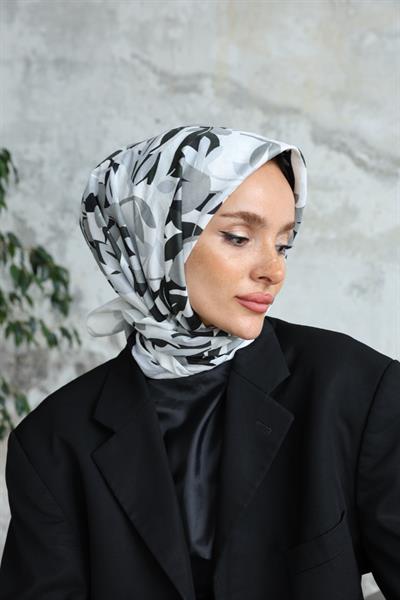 Yaprak Desen Bambu Kraş Eşarp Beyaz