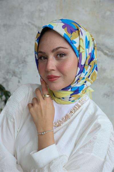 Yaprak Desen Bambu Kraş Eşarp Mavi