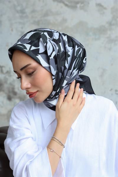 Yaprak Desen Bambu Kraş Eşarp Siyah
