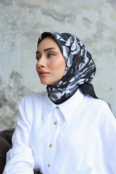 Yaprak Desen Bambu Kraş Eşarp Siyah