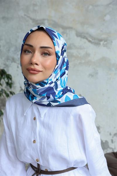 Yaprak Desen Bambu Kraş Eşarp Gök Mavi