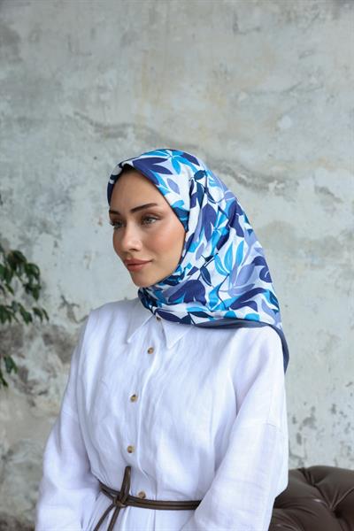 Yaprak Desen Bambu Kraş Eşarp Gök Mavi