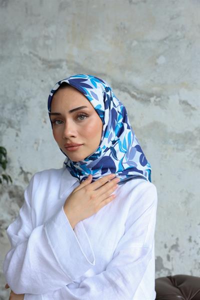 Yaprak Desen Bambu Kraş Eşarp Gök Mavi