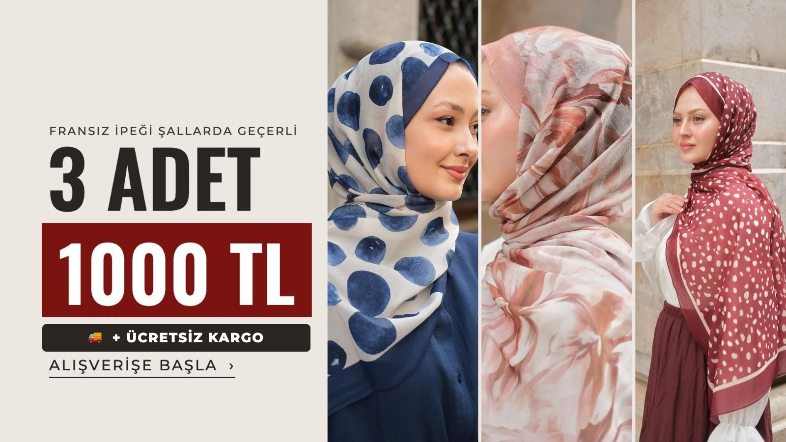 Fransız İpeği Şal 3 Adet 1000 TL
