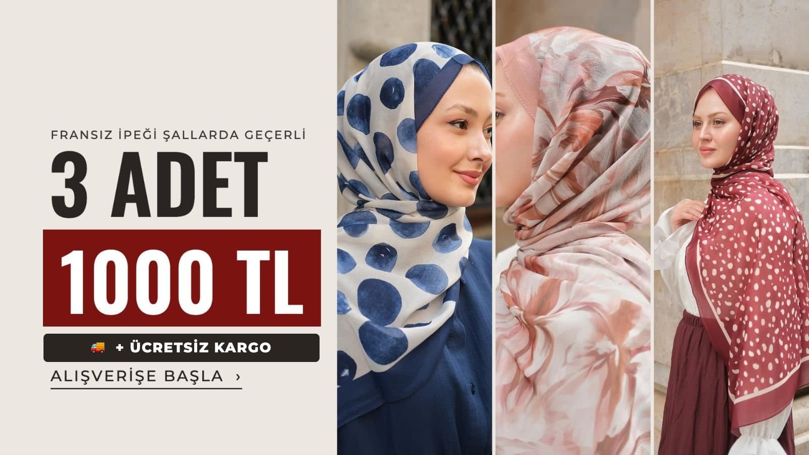 Fransız İpeği Şal 3 Adet 1000 TL