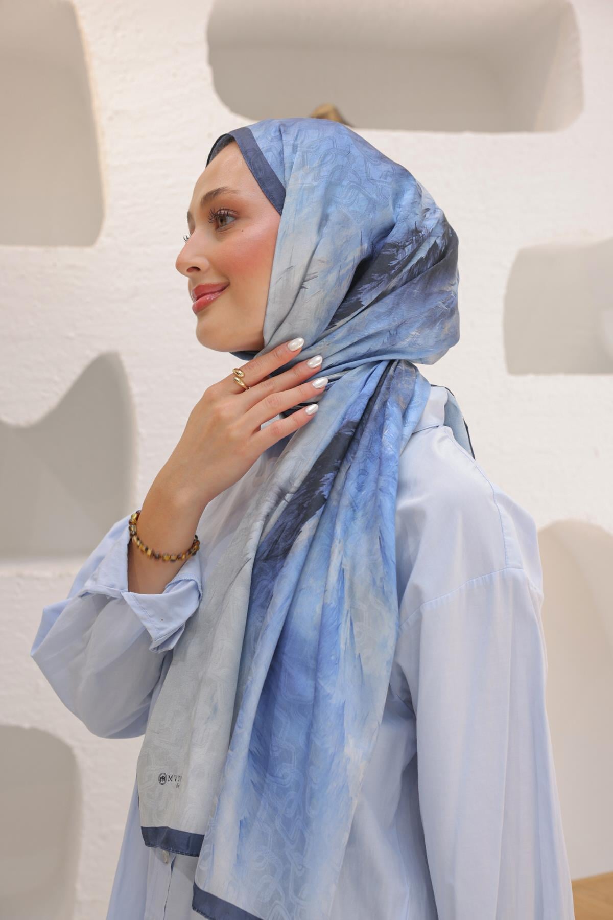 Dream Colour Desen Pamuk İpek Şal Gök Mavi