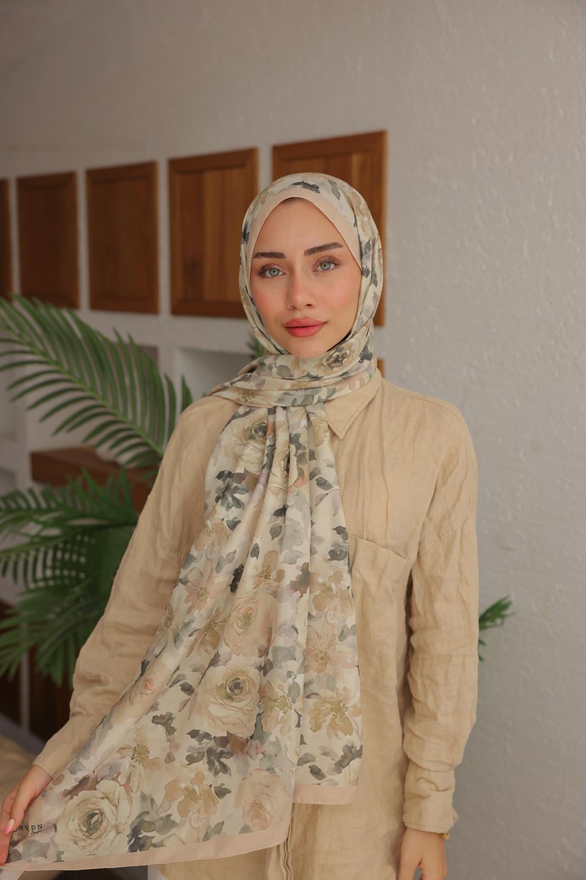 Flora Desenli Pamuk Şal Krem
