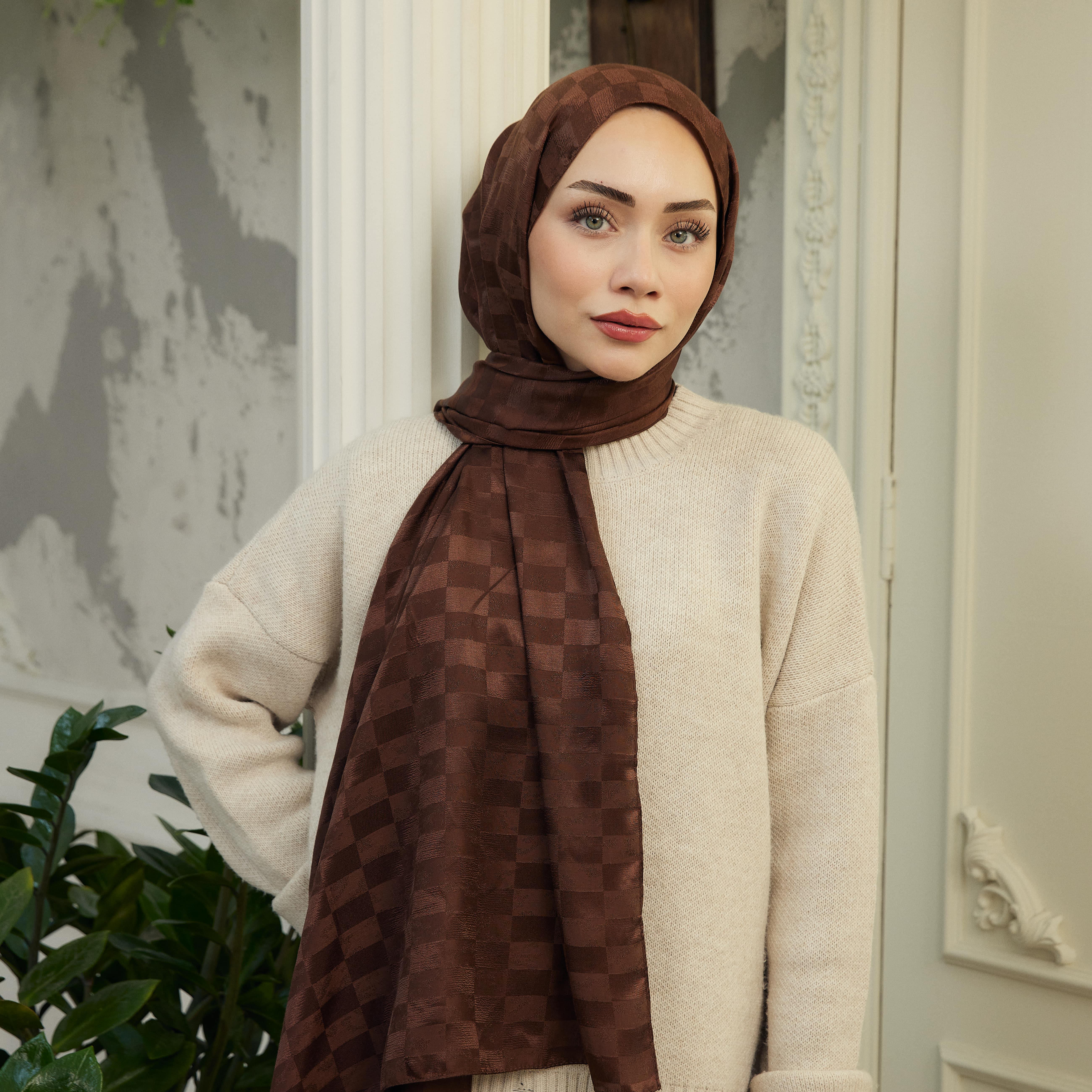 Ivory Desen İpeksi Jakar Şal Acı Kahve