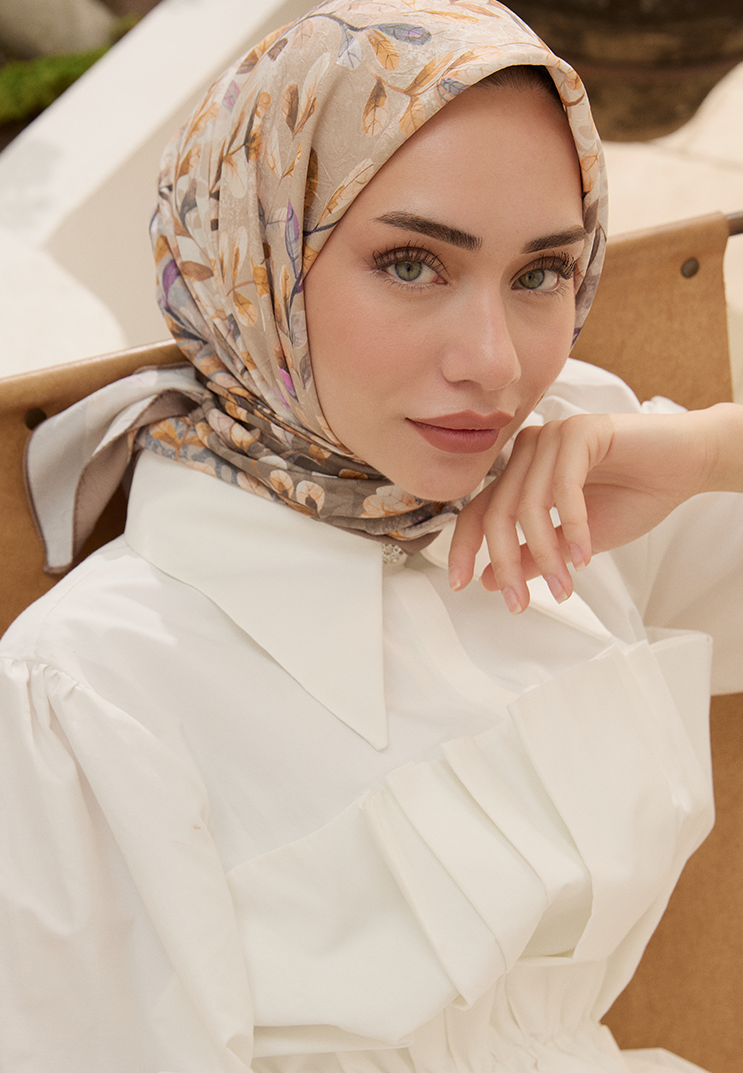 Leaf Desen Bambu Kraş Eşarp Ceviz Kabuğu