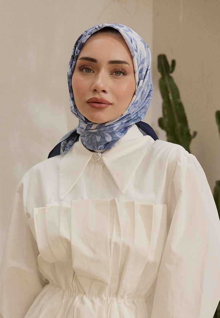 Leaf Desen Bambu Kraş Eşarp Lacivert