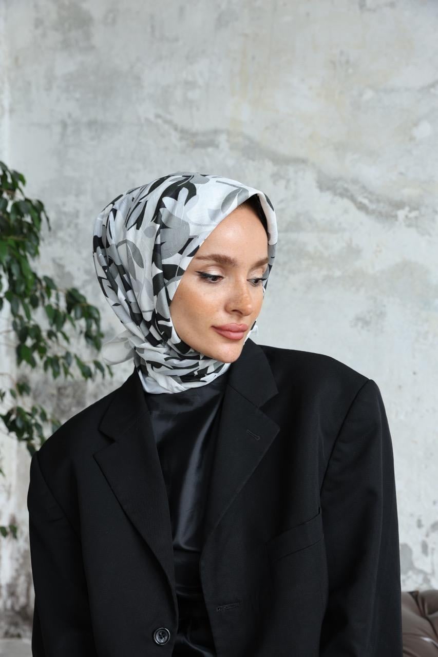 Yaprak Desen Bambu Kraş Eşarp Beyaz