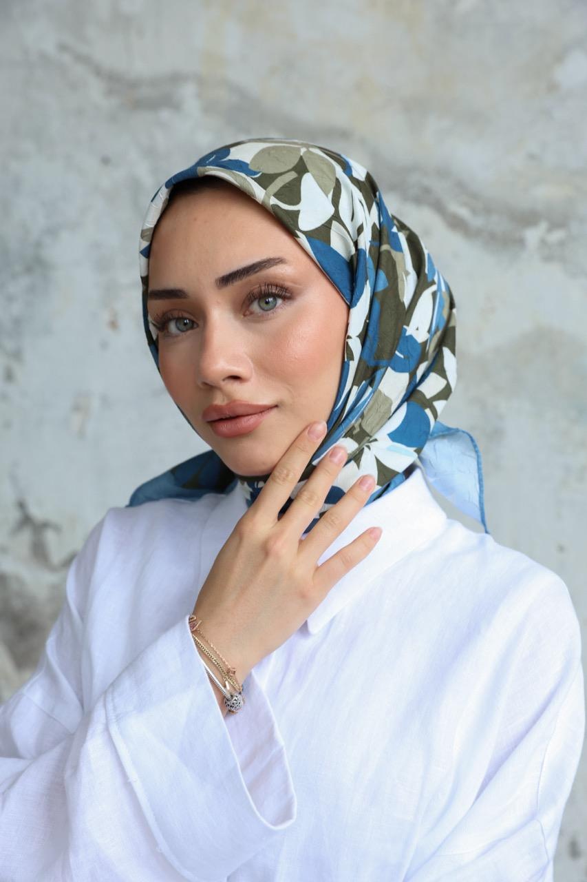 Yaprak Desen Bambu Kraş Eşarp Gök Yeşil