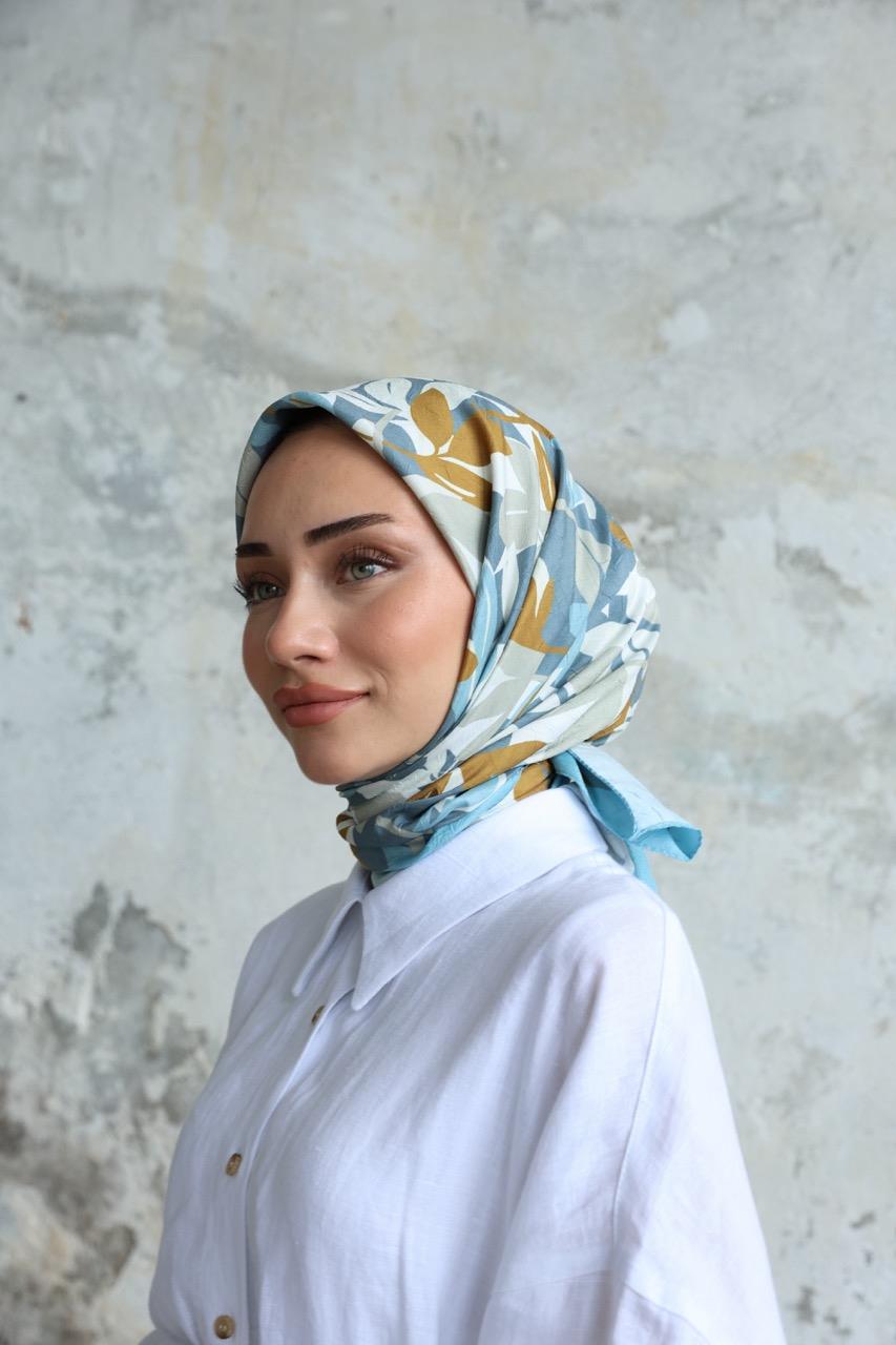 Yaprak Desen Bambu Kraş Eşarp Mavi