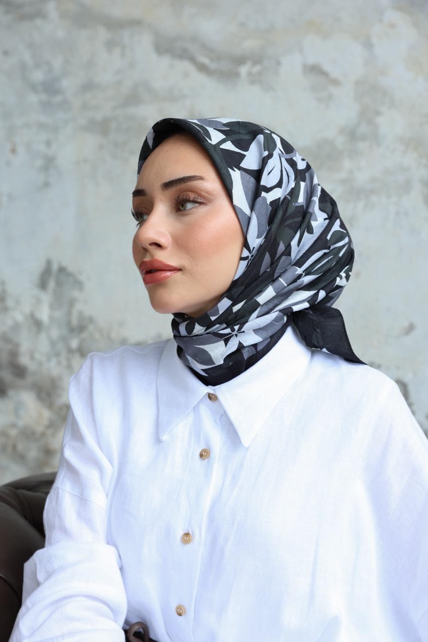 Yaprak Desen Bambu Kraş Eşarp Siyah
