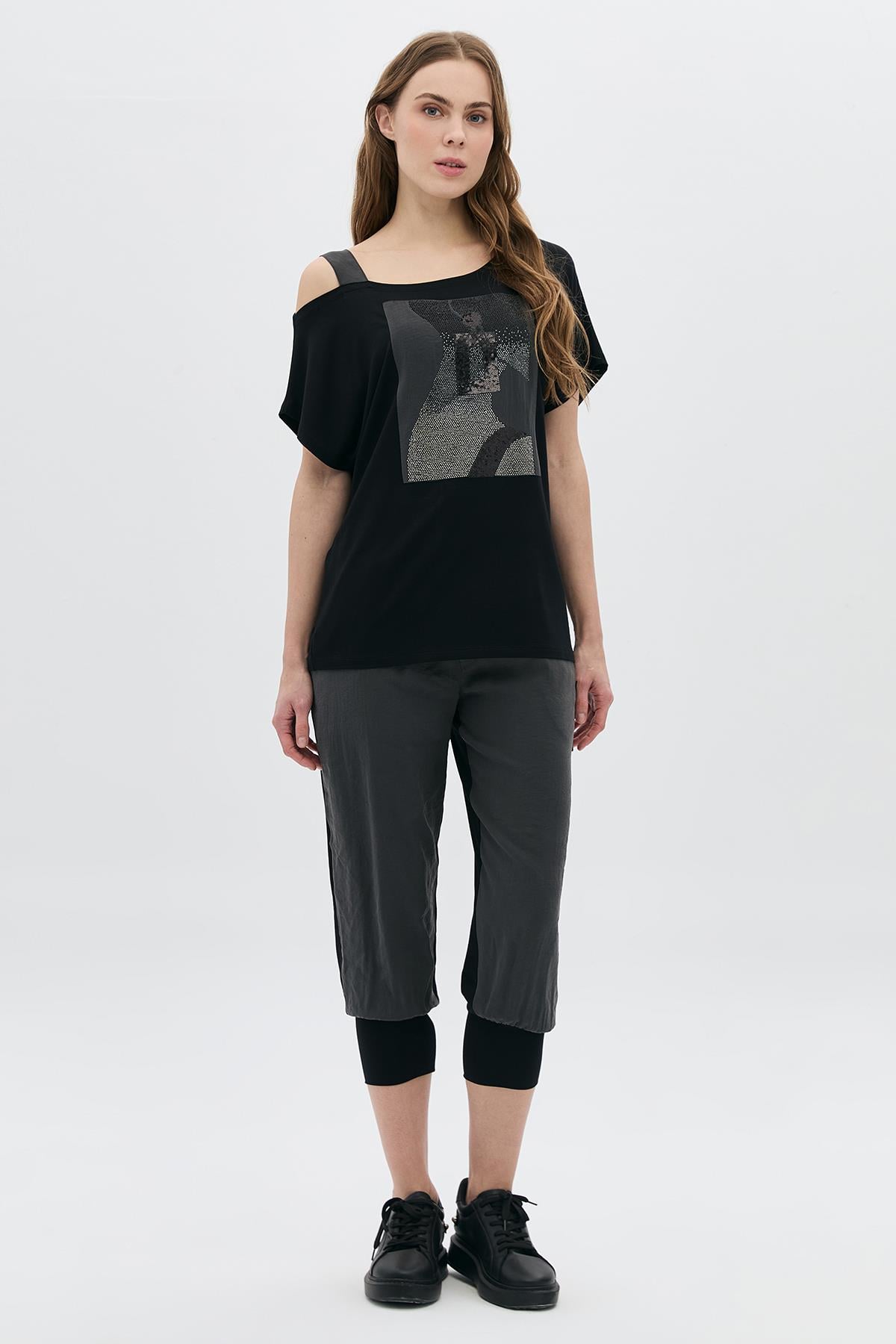 Modal Garnili Kız Taşlı Tek Omuz T-Shirt