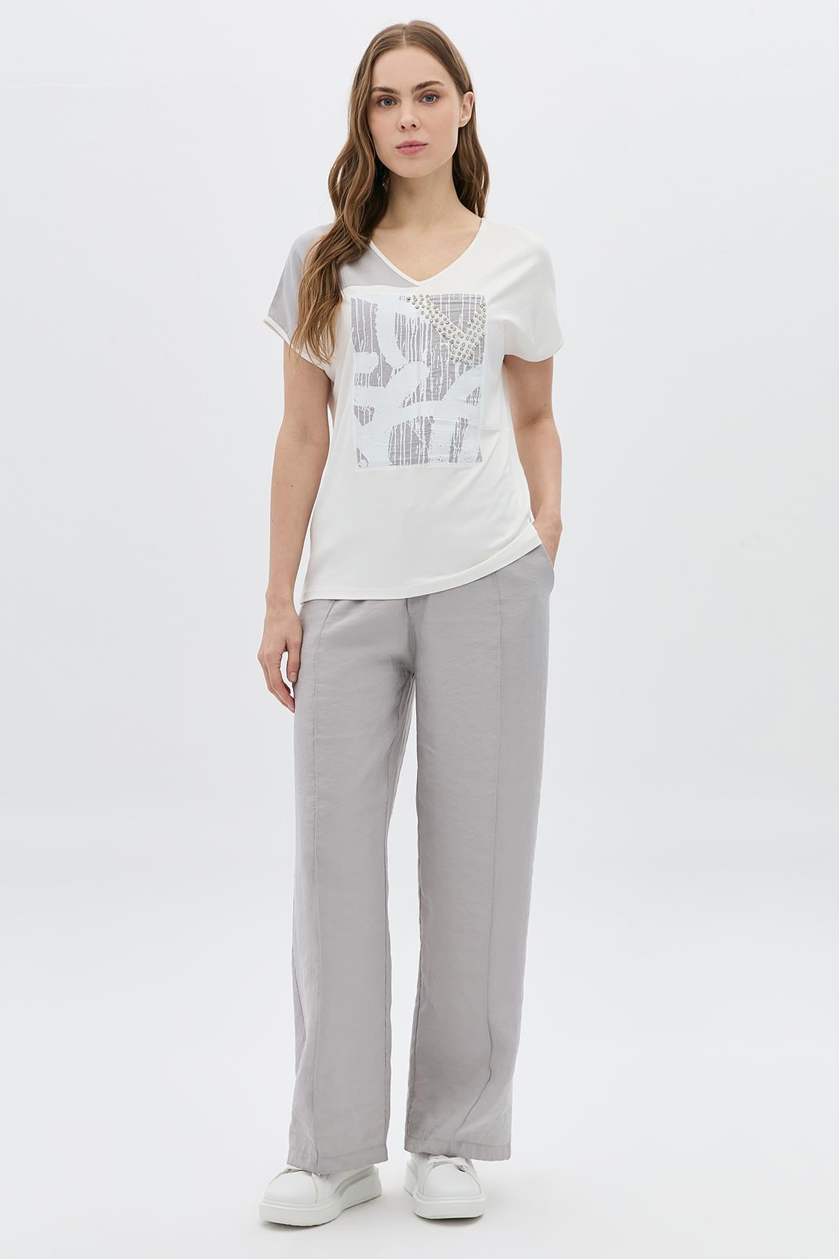 Peçli Baskılı Taş İşlemeli T-Shirt