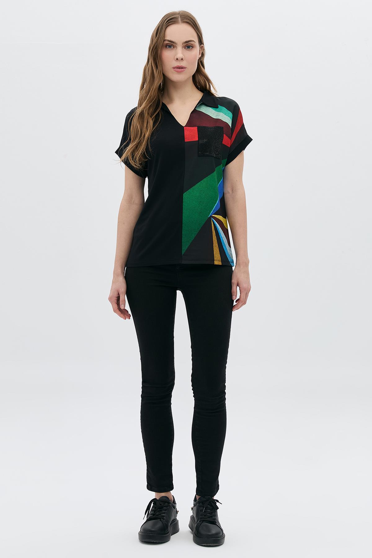 Dijital Polo Yaka Taş Baskılı Cepli T-Shirt