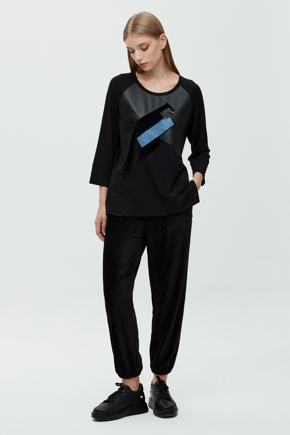 Kadife Deri Şeritli Pantolon