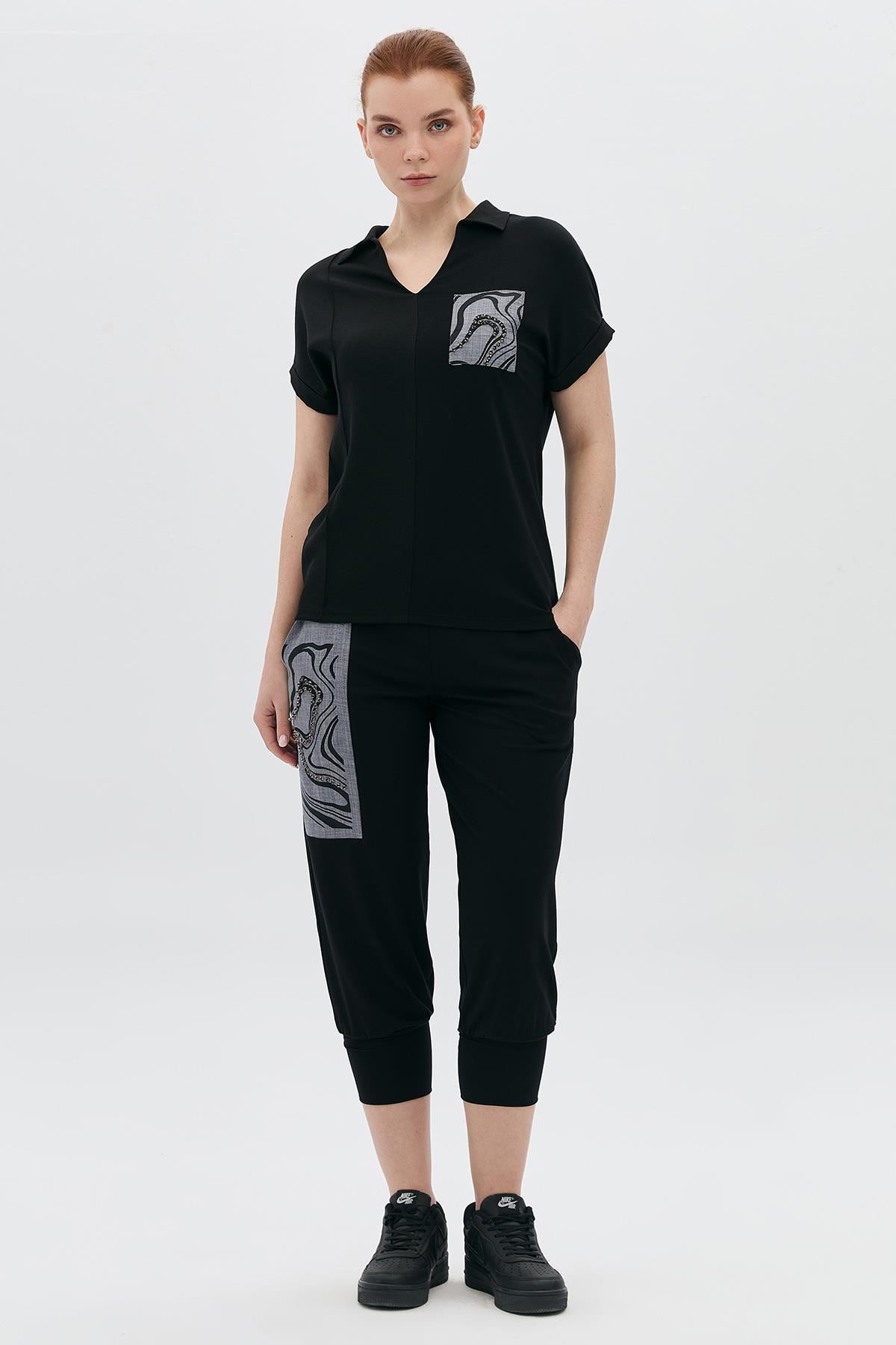 Polo Yaka Taşlı Garni Cepli T-Shirt