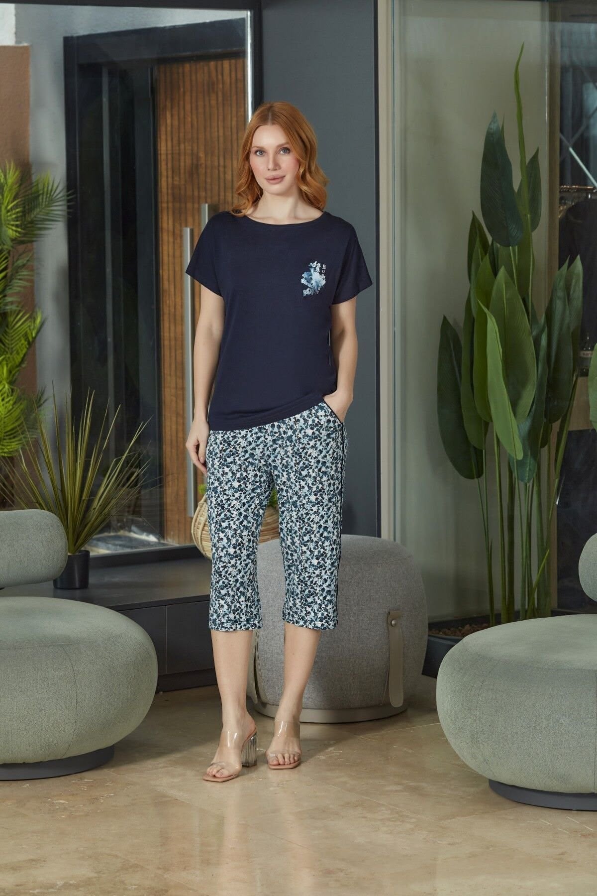 Aqua Bayan Büyük Beden Kapri Pijama Takım LACİVERT Yeni Sezon AQUA