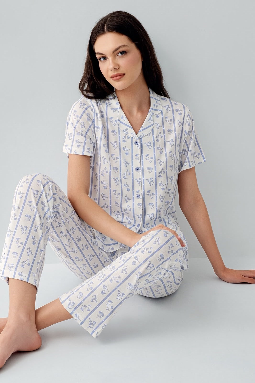 Arnetta Bayan Kısa Kol Öndem Düğmeli  Pijama Takım MAVİ Kadın Pijama Takımı ARNETTA
