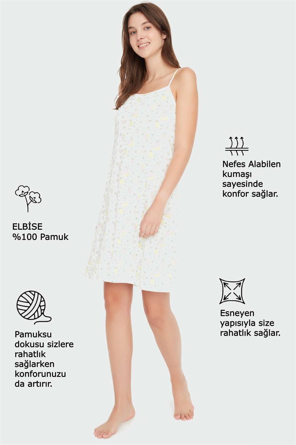 Mod Bayan İp Askılı Pamuklu Ev Elbise EKRU KONFEKSİYON MOD