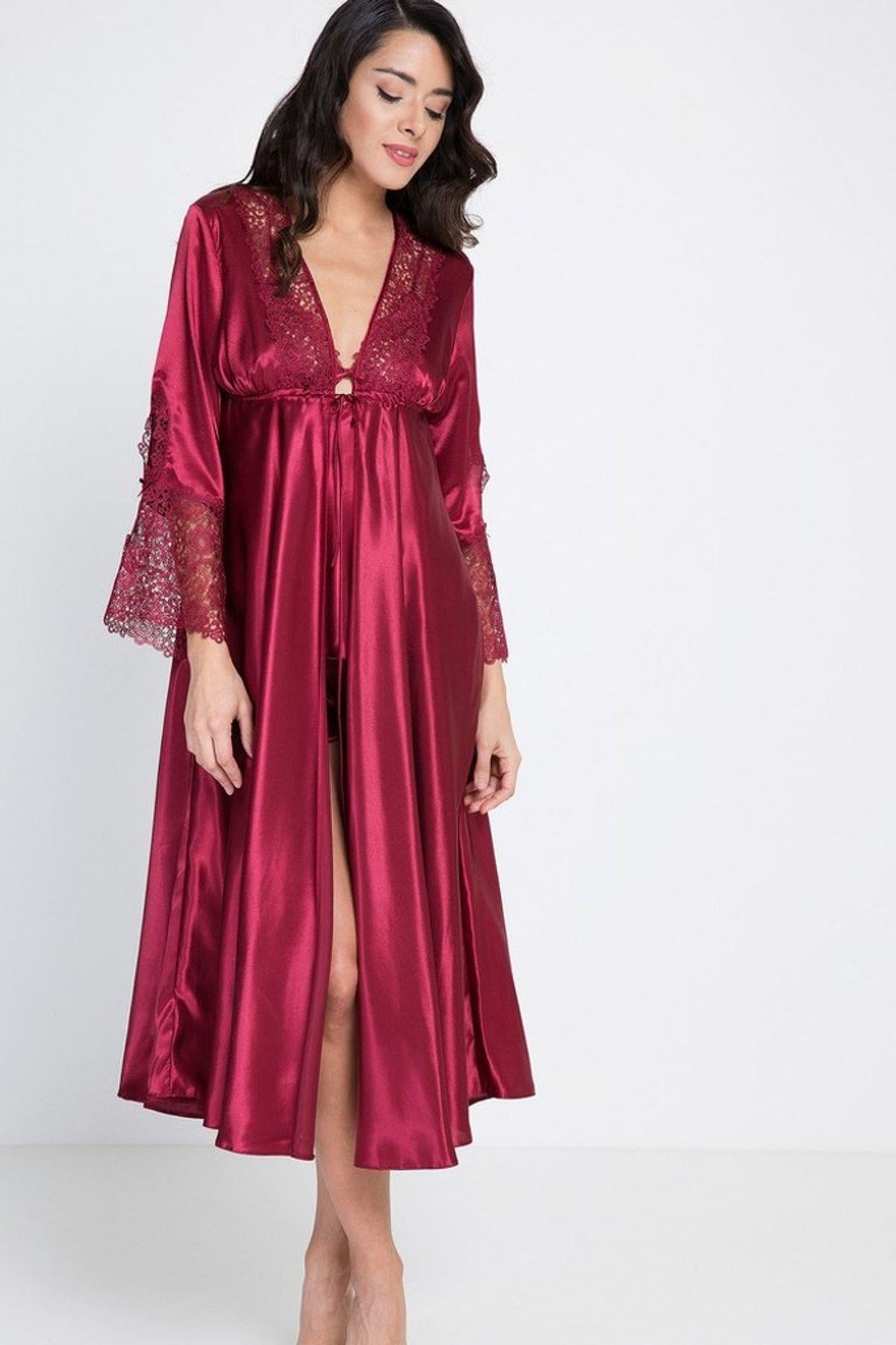 Pierre Cardin Bayan 6'lı Saten Takım Bordo Kadın Gecelik PİERRE CARDİN