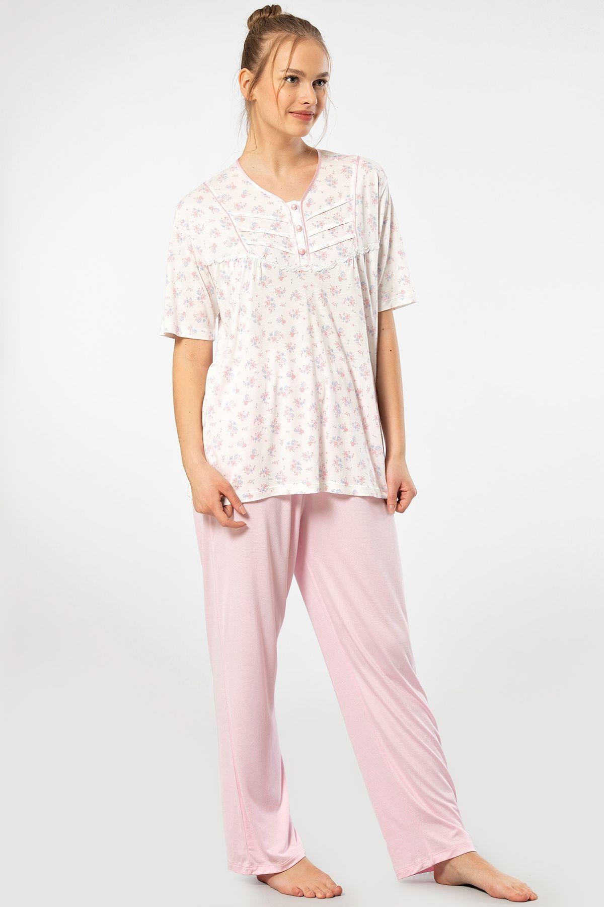 Türen Empirme Patlı Battal Kısa Kollu Pijama Takımı PEMBE Kadın Pijama Takımı TÜREN
