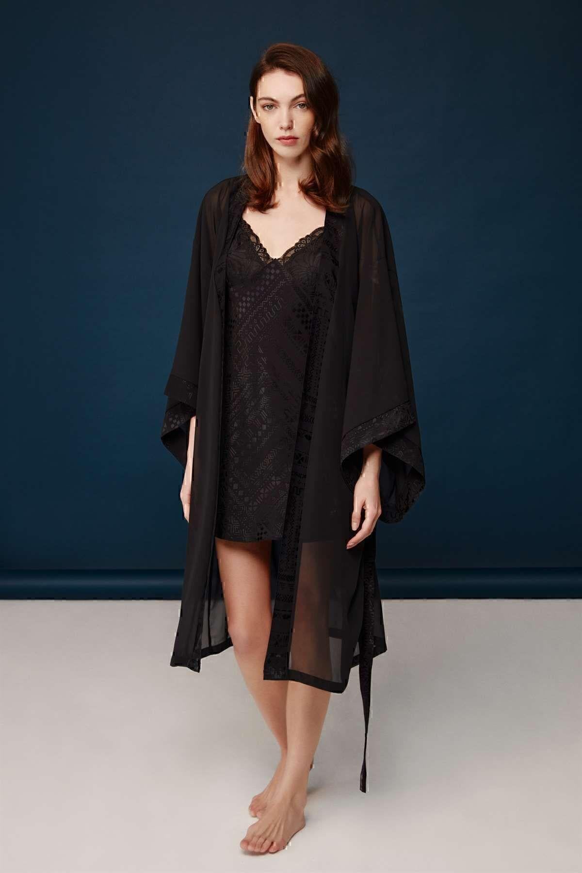 Bonnıe&Clyde Bayan Viskon Gecelik Sabahlık Takım SİYAH CEYİZ BONNİE&CLYDE