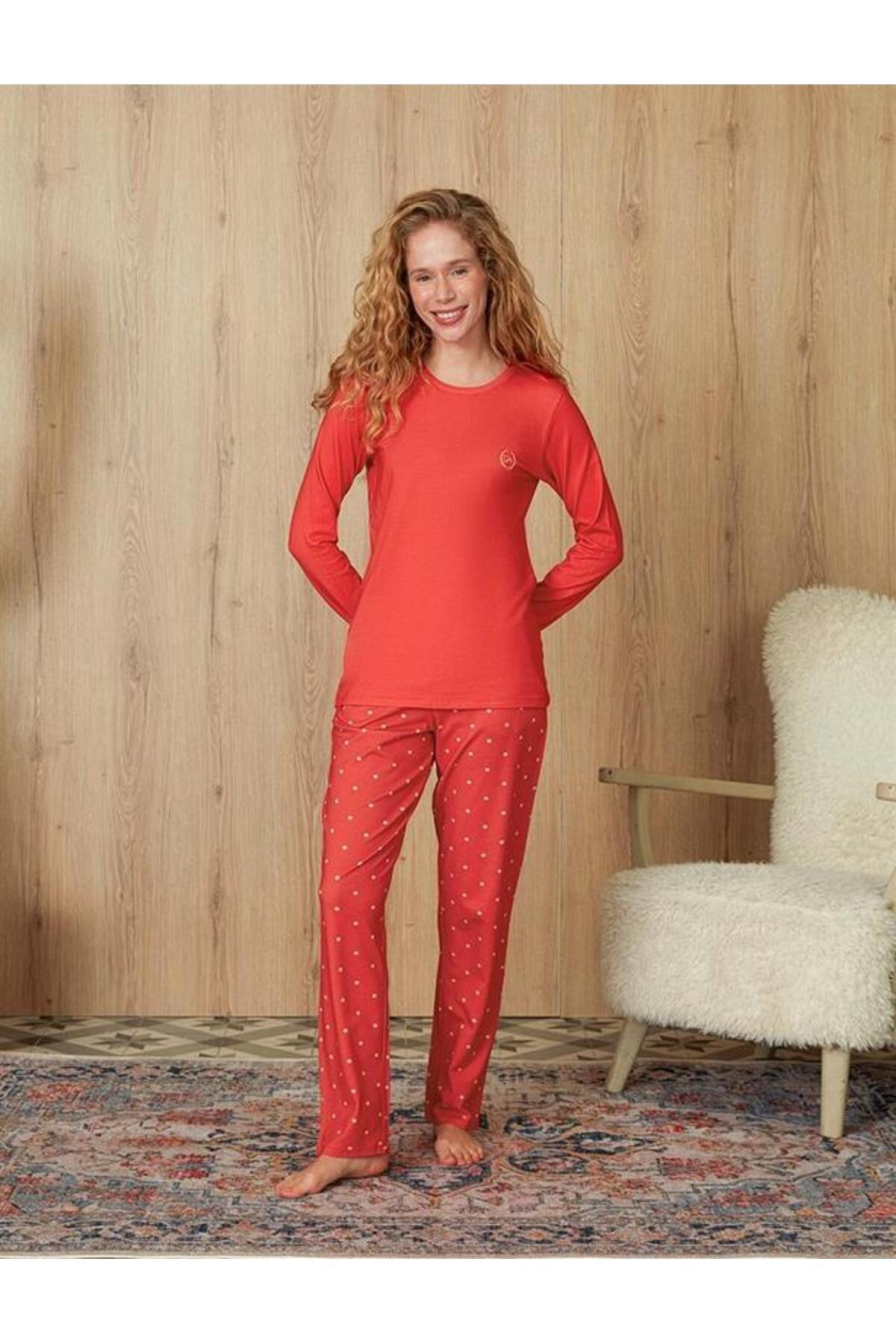 Doreanse Bayan Uzunkol Pijama Takım Nar Çiçeği Kadın Pijama Takımı DOREANSE