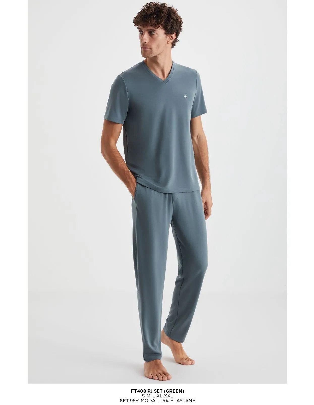 First Touch Erkek Kısa Kol Pijama Takım YEŞİL Erkek Pijama Takımı FİRST TOUCH