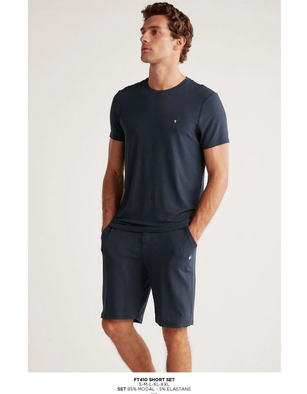 First Touch Erkek Kısa Kol Şortlu Pijama Takım İNDİGO Erkek Pijama Takımı FİRST TOUCH