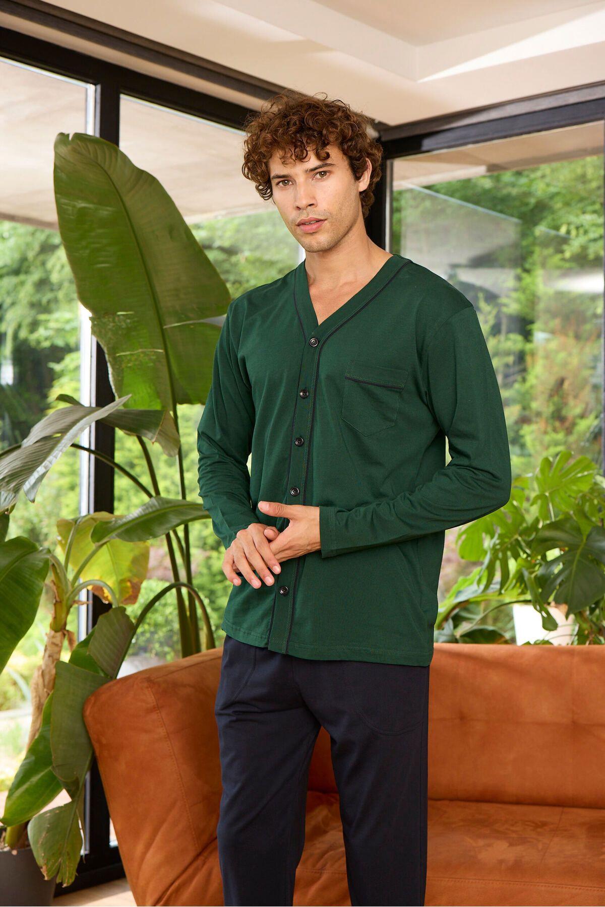 Kly Erkek Önden Düğmeli  Uzunkol Pijama Takım YEŞİL KONFEKSİYON KLY