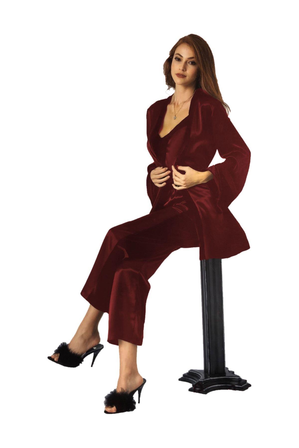 Pierre Cardin Bayan 3'lü Kadife Saten  Pijama Takımı BORDO CEYİZ PİERRE CARDİN