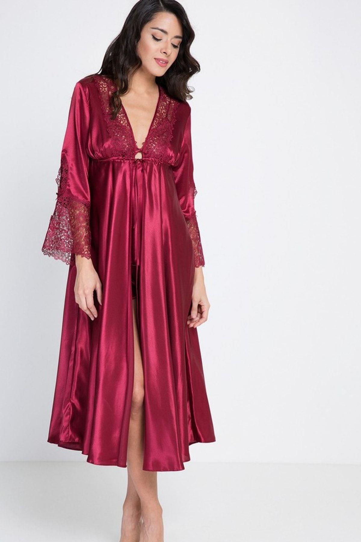 Pierre Cardin Bayan 6'lı Saten Takım Bordo Kadın Gecelik PİERRE CARDİN