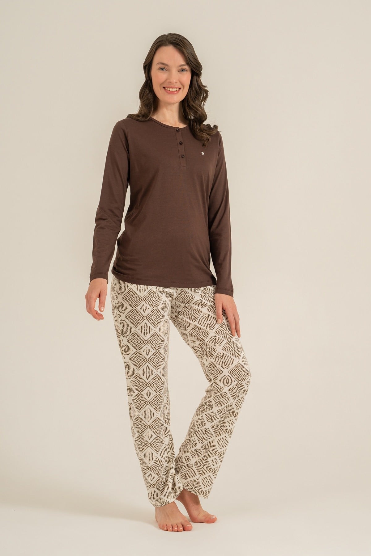Pierre Cardin Bayan Büyük Beden Uzun Kol Pijama Takım KAHVE KONFEKSİYON PİERRE CARDİN