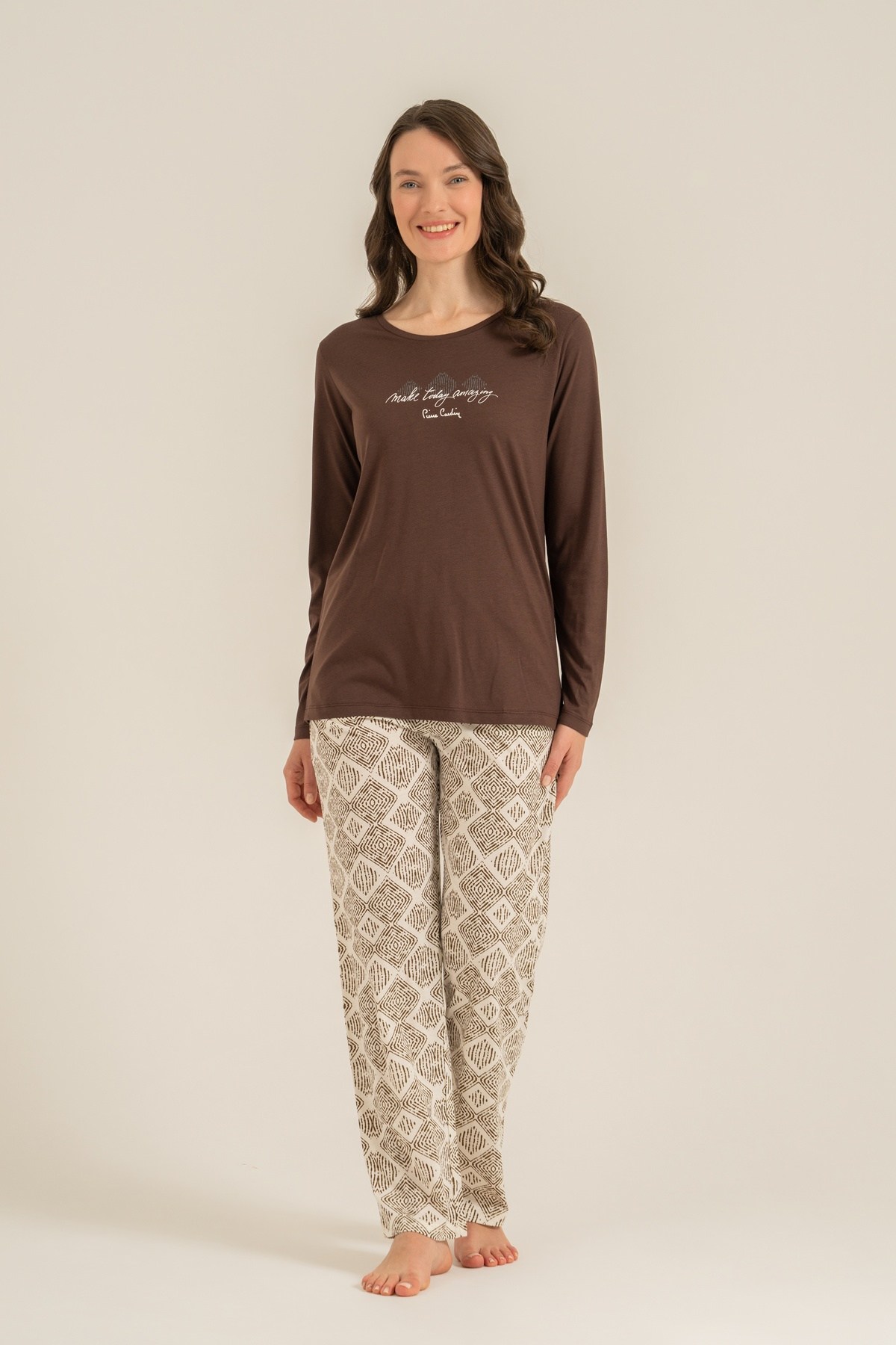 Pierre Cardin Bayan Uzun Kol Pijama Takım KAHVE KONFEKSİYON PİERRE CARDİN