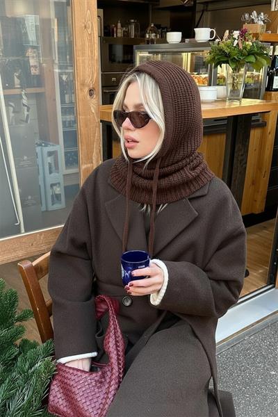 Acı Kahve Triko Örgü Balaclava Bere Şapka
